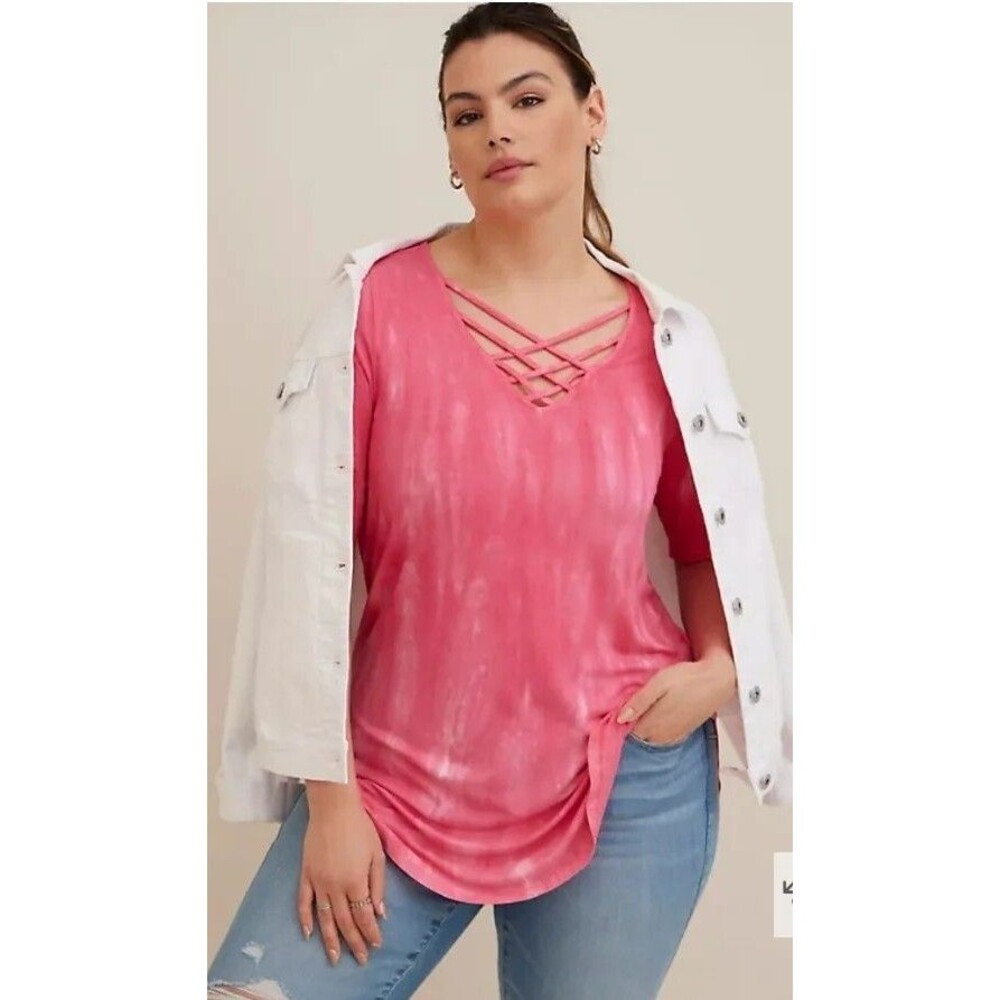 Torrid Favorite Tunic Super Soft V-Neck Strappy Pink Tie Dye Tunic Tee 00